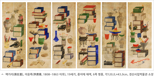 책거리(冊巨里), 이응록(李膺祿, 1808~1863 이후), 19세기, 종이에 채색, 6폭 병풍, 각120.0.×43.0cm, 경산시립박물관 소장