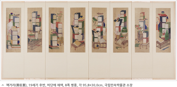 책거리(冊巨里), 19세기 후반, 비단에 채색, 8폭 병풍, 각 95.8×30.0cm, 국립민속박물관 소장